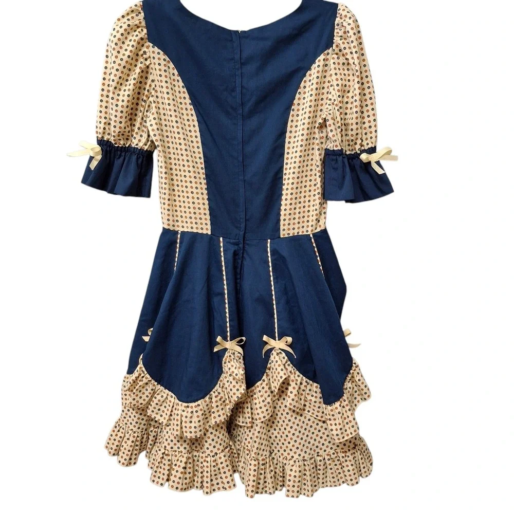 Handmade Girl Dress Size 16 Navy Floral   Short Puff Sleeve Ruffled Bows Country